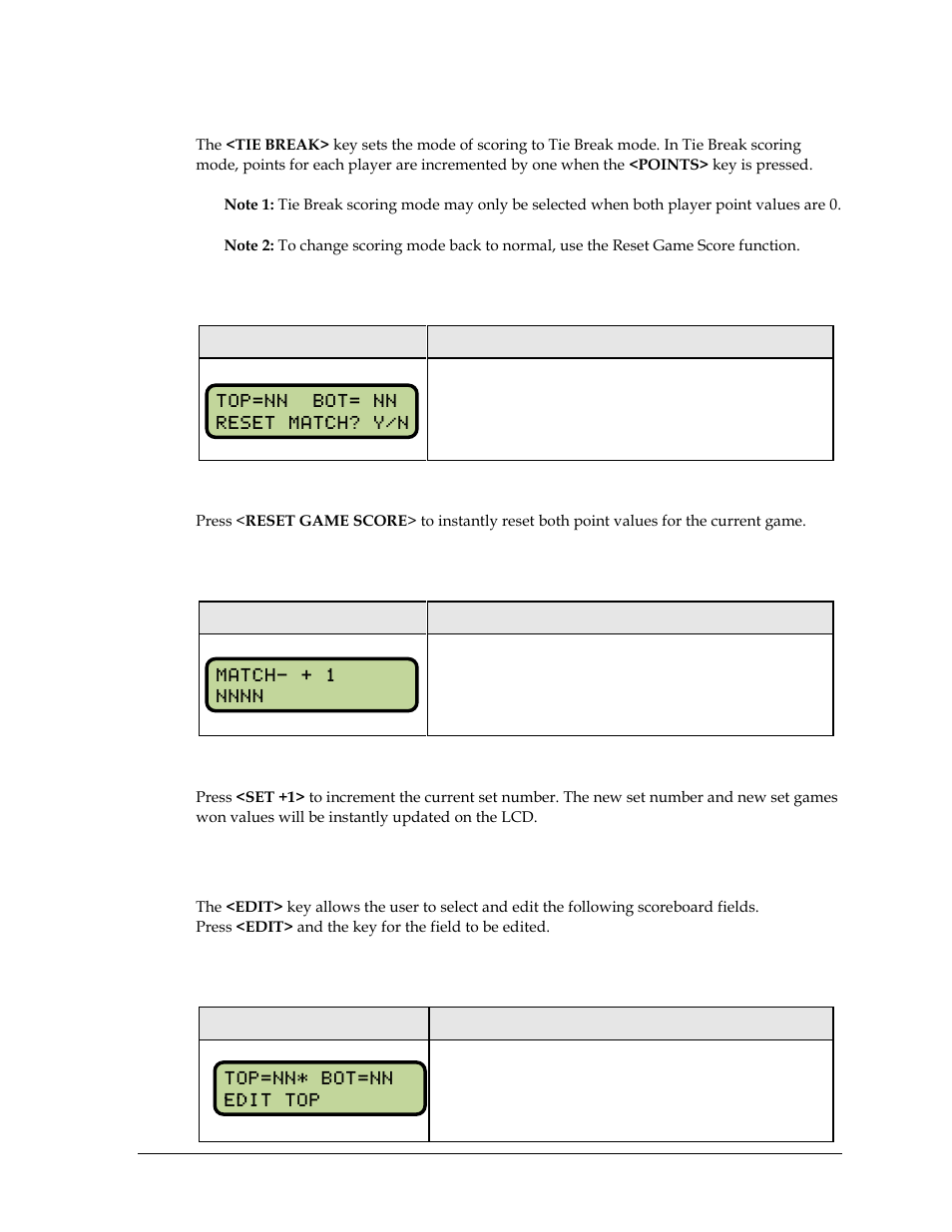 Tie break, Reset match, Reset game score | Match number +1, Set +1, 2 edit, Points, Edit | Daktronics All Sport 5000 Series Operation Manual User Manual | Page 153 / 410