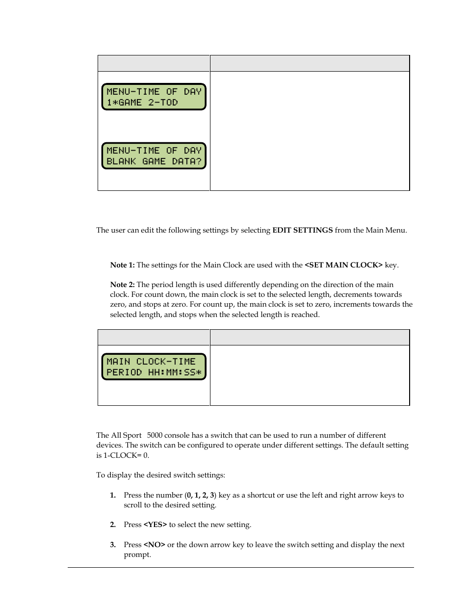 4 settings, Main clock, Switch output | Settings | Daktronics All Sport 5000 Series Operation Manual User Manual | Page 159 / 410