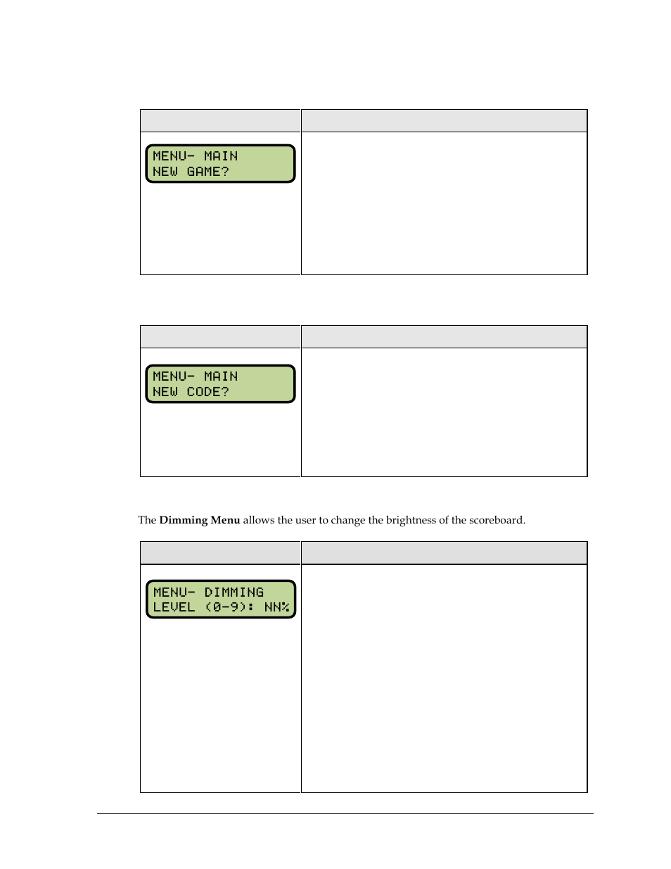 New game, New code, Dimming menu | Daktronics All Sport 5000 Series Operation Manual User Manual | Page 165 / 410