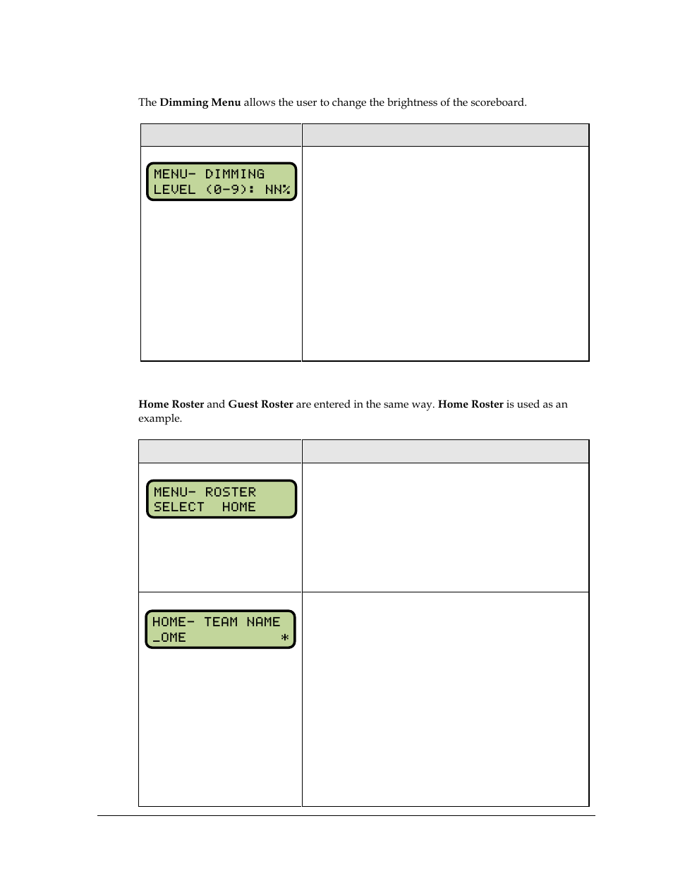 Dimming menu, Home roster, guest roster | Daktronics All Sport 5000 Series Operation Manual User Manual | Page 181 / 410