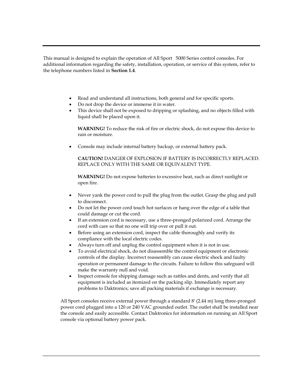 Section 1: introduction, 1 important safety instructions, Section 1 | Introduction, Important safety instructions | Daktronics All Sport 5000 Series Operation Manual User Manual | Page 19 / 410