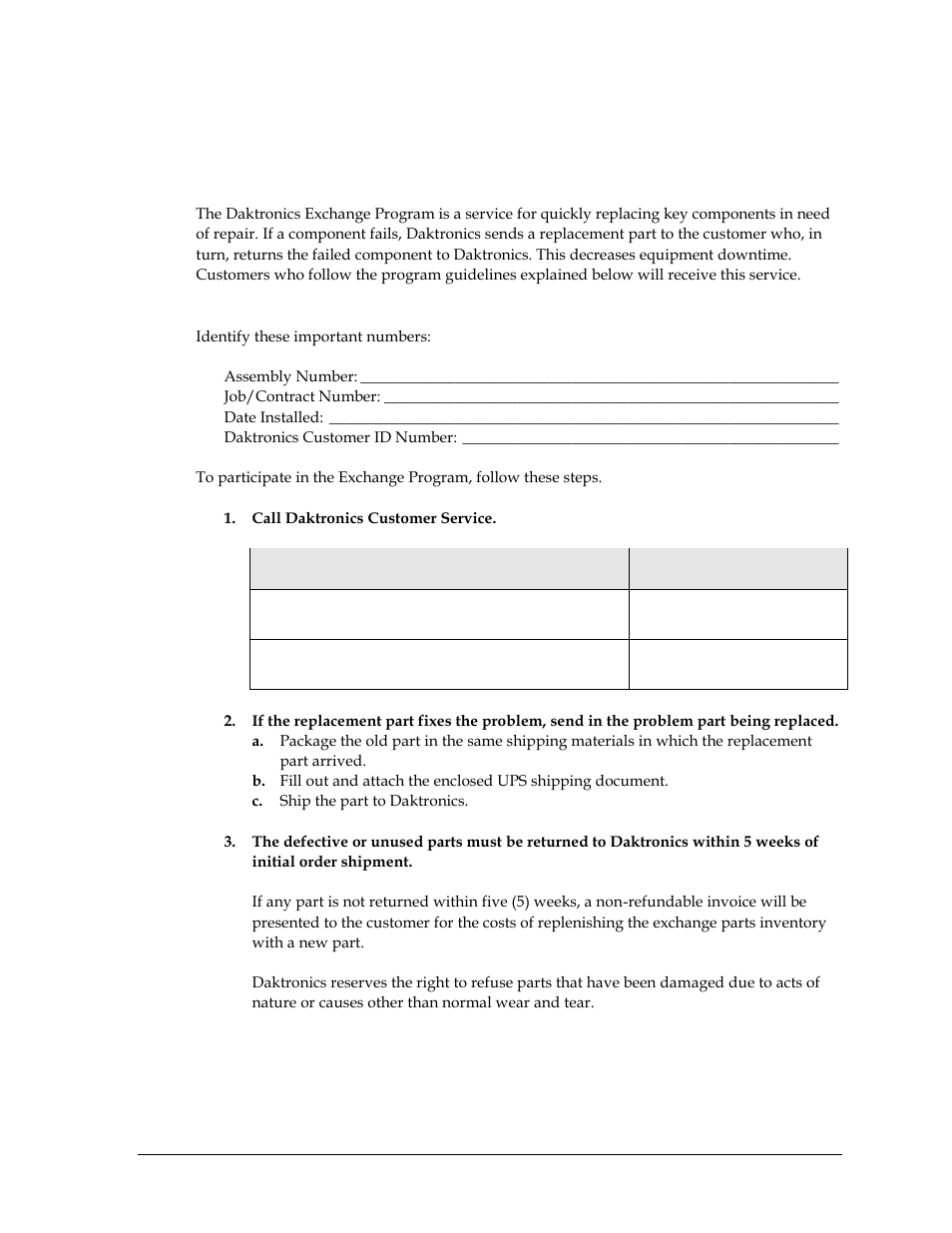 4 daktronics exchange and repair & return programs, Exchange program, Before contacting daktronics | Daktronics exchange and repair & return programs | Daktronics All Sport 5000 Series Operation Manual User Manual | Page 21 / 410