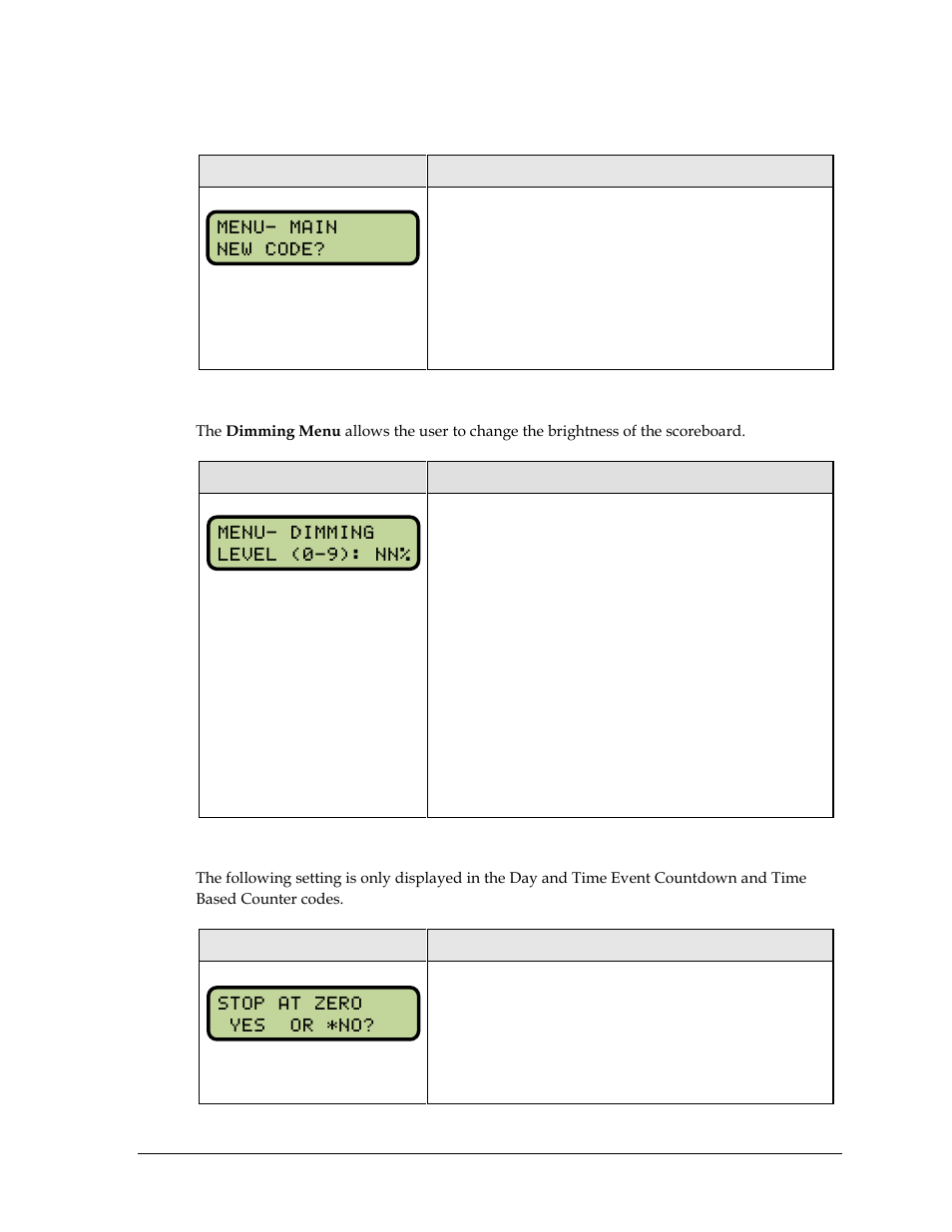New code, Dimming menu, Stop at zero | Daktronics All Sport 5000 Series Operation Manual User Manual | Page 211 / 410