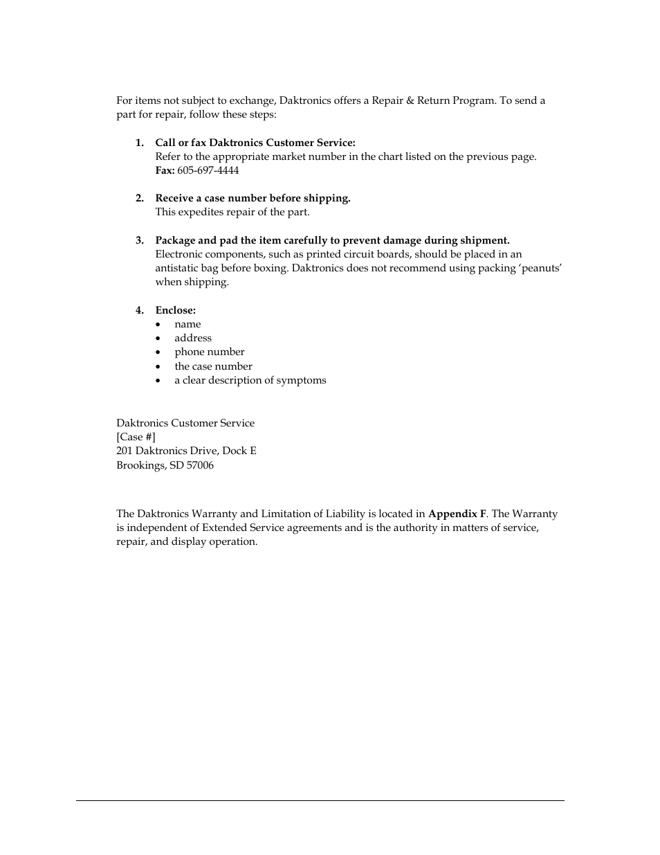 Repair & return program, Shipping address, Daktronics warranty and limitation of liability | Daktronics All Sport 5000 Series Operation Manual User Manual | Page 22 / 410