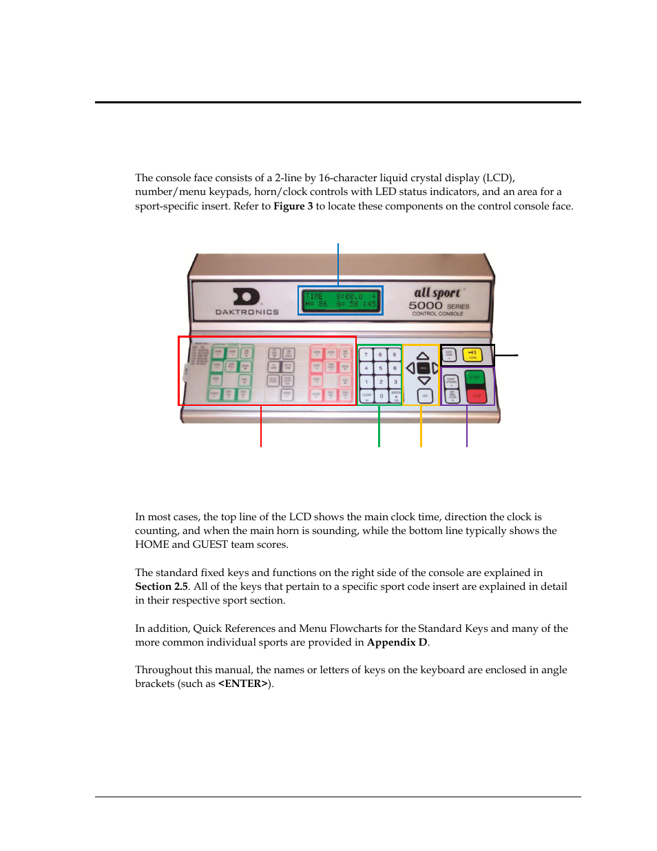 Section 2: basic operation, 1 console operation, Section 2 | Basic operation, Console operation | Daktronics All Sport 5000 Series Operation Manual User Manual | Page 23 / 410
