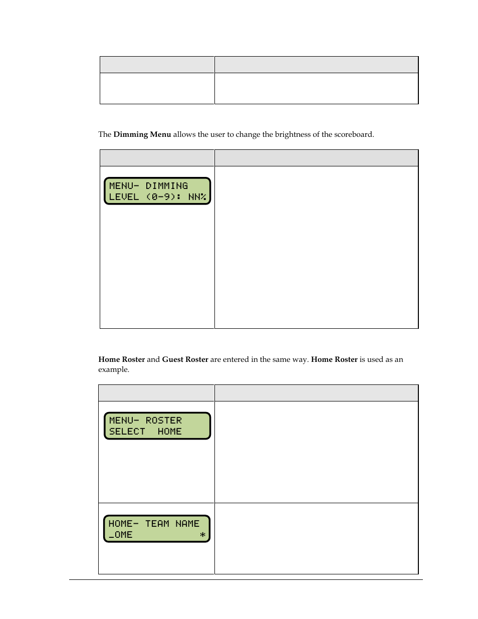 Dimming menu, Home roster, guest roster | Daktronics All Sport 5000 Series Operation Manual User Manual | Page 243 / 410