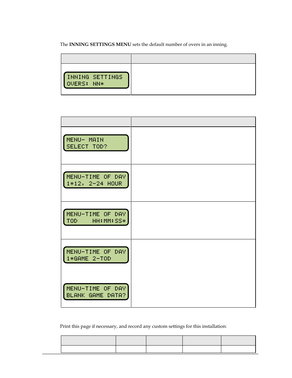 Inning settings menu, Time of day, Default settings | Daktronics All Sport 5000 Series Operation Manual User Manual | Page 259 / 410