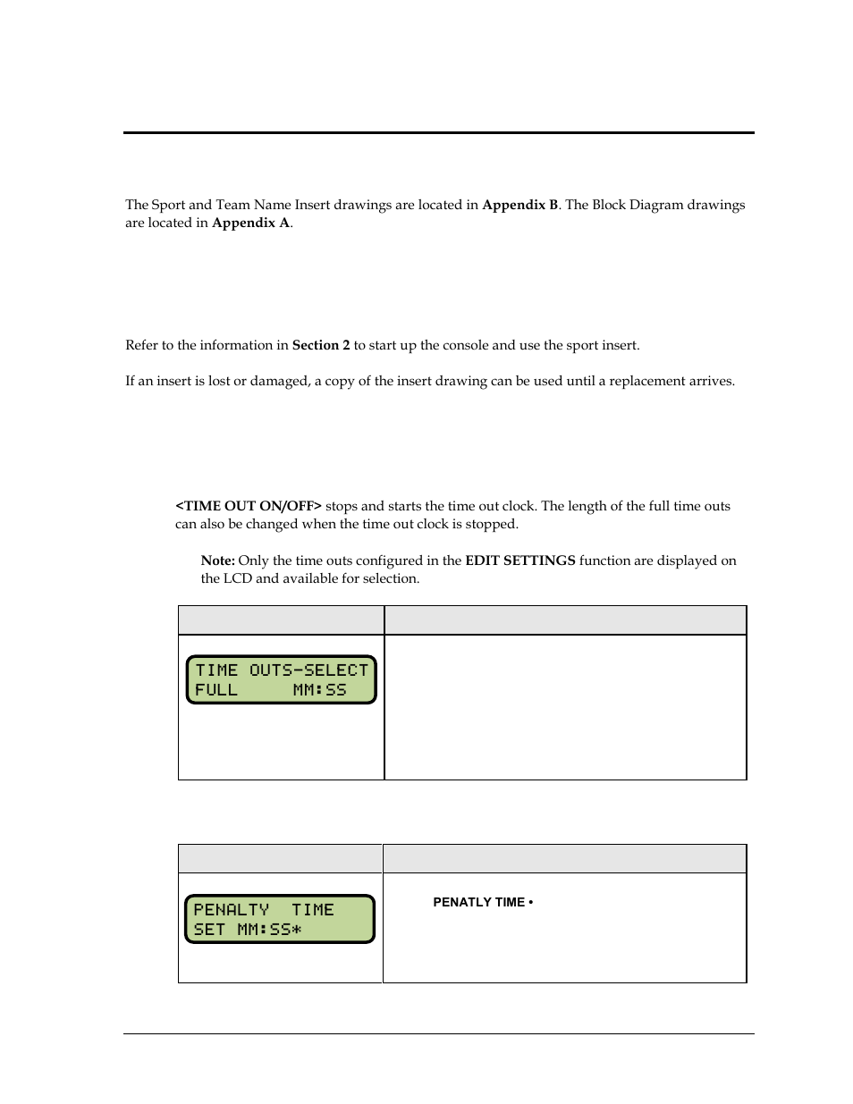 Section 22: water polo operations, 1 water polo keys, Time out on/off | Penalty time, Section 22, Water polo operations, Water polo keys | Daktronics All Sport 5000 Series Operation Manual User Manual | Page 261 / 410