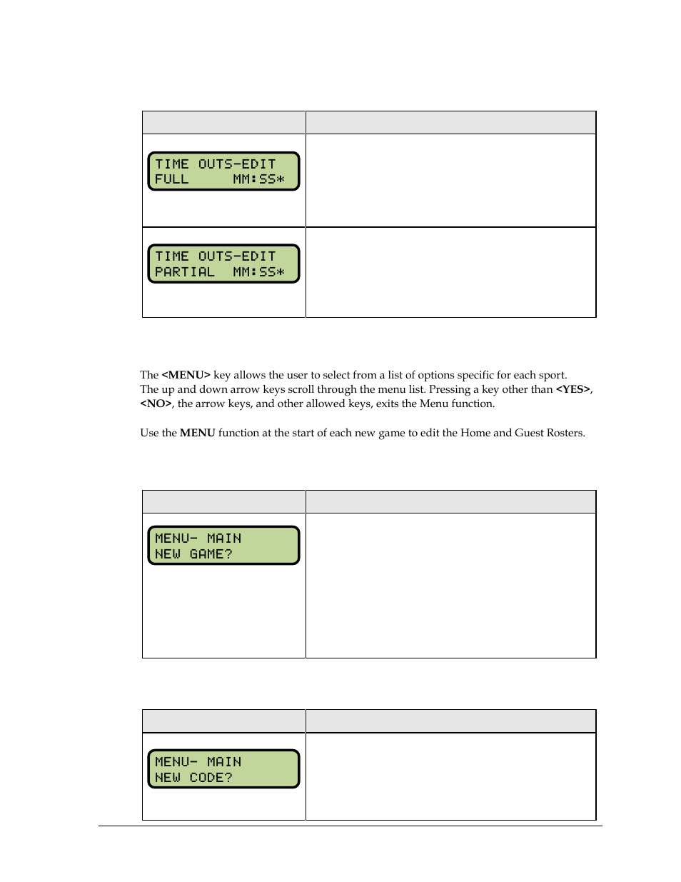 Time out on/off, 3 menu, New game | New code, Menu | Daktronics All Sport 5000 Series Operation Manual User Manual | Page 267 / 410