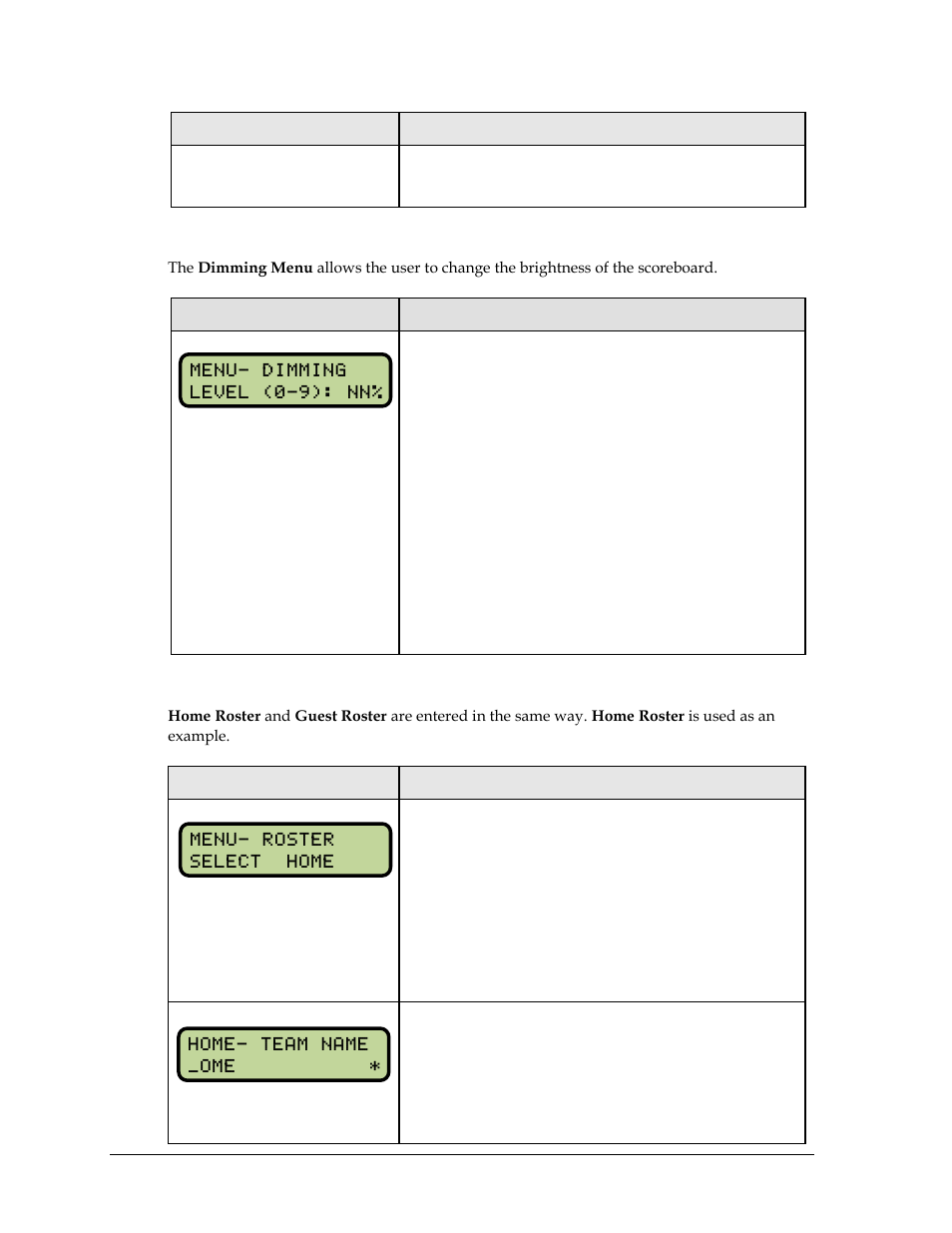 Dimming menu, Home roster, guest roster | Daktronics All Sport 5000 Series Operation Manual User Manual | Page 268 / 410