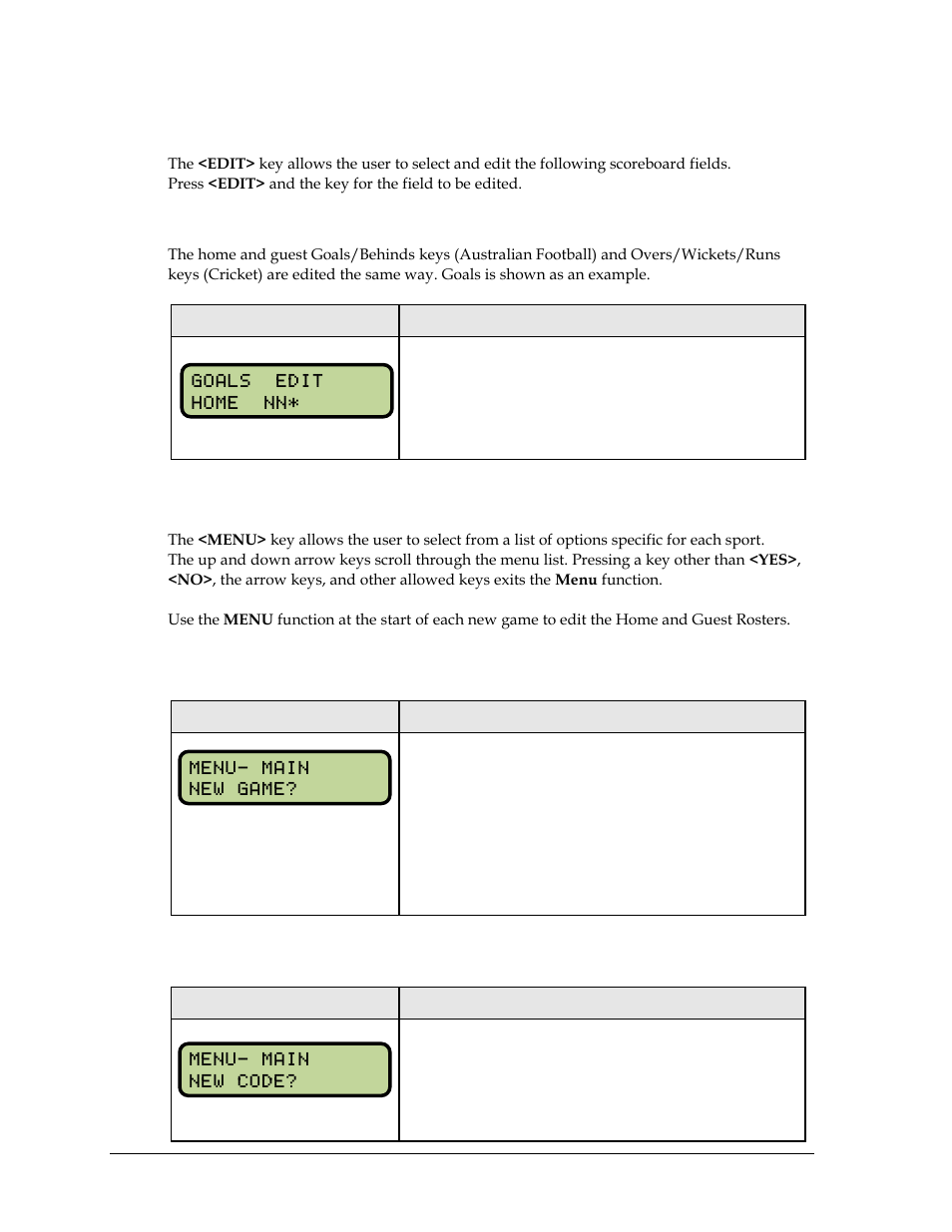 3 edit, Goals, behinds, overs, wickets, runs, 4 menu | New game, New code, Edit, Menu | Daktronics All Sport 5000 Series Operation Manual User Manual | Page 294 / 410