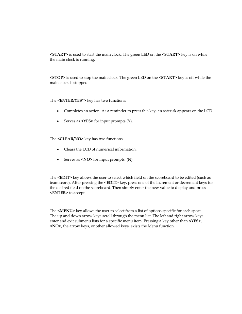 5 standard keys, Start, Stop | Enter/yes, Clear/no, Edit, Menu, Standard keys | Daktronics All Sport 5000 Series Operation Manual User Manual | Page 33 / 410