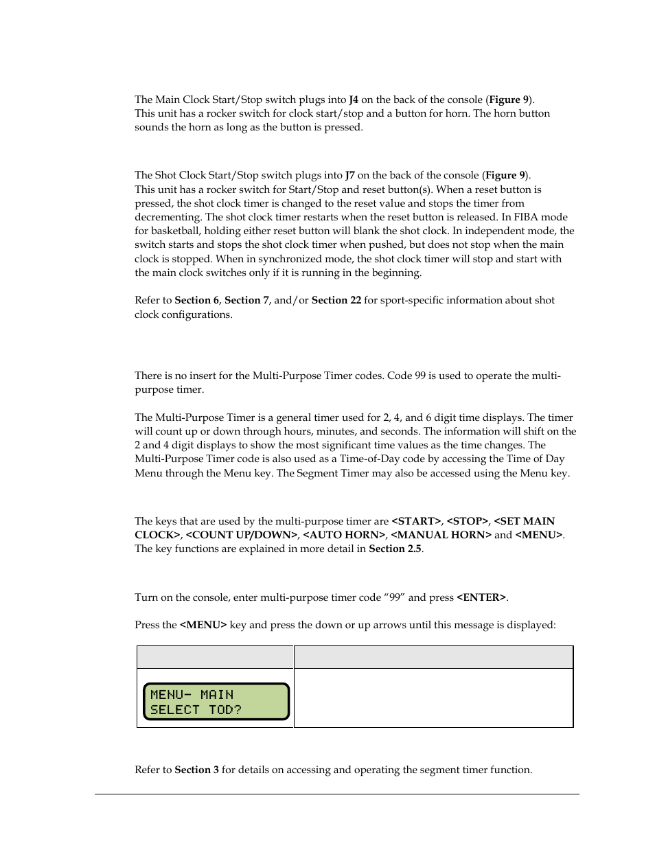 Main clock control, Shot clock control, 7 general multi-purpose timer information | Standard keys, Accessing the multi-purpose timer, Segment timer, General multi-purpose timer information | Daktronics All Sport 5000 Series Operation Manual User Manual | Page 37 / 410