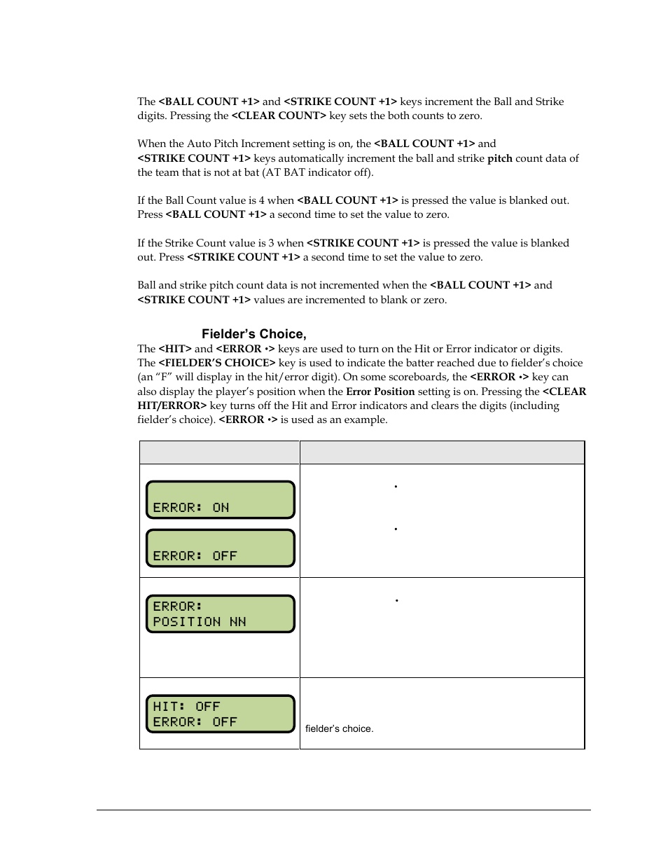 Ball count, strike count, clear count, Hit, error, fielder’s choice, clear hit/error | Daktronics All Sport 5000 Series Operation Manual User Manual | Page 49 / 410