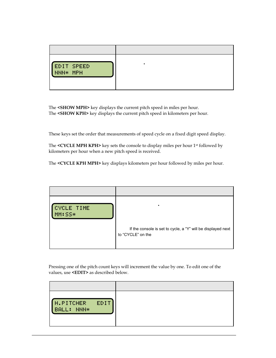Speed, Show mph & show kph, Cycle mph/kph & cycle kph/mph | Cycle time, Pitch count keys (home & guest) | Daktronics All Sport 5000 Series Operation Manual User Manual | Page 64 / 410