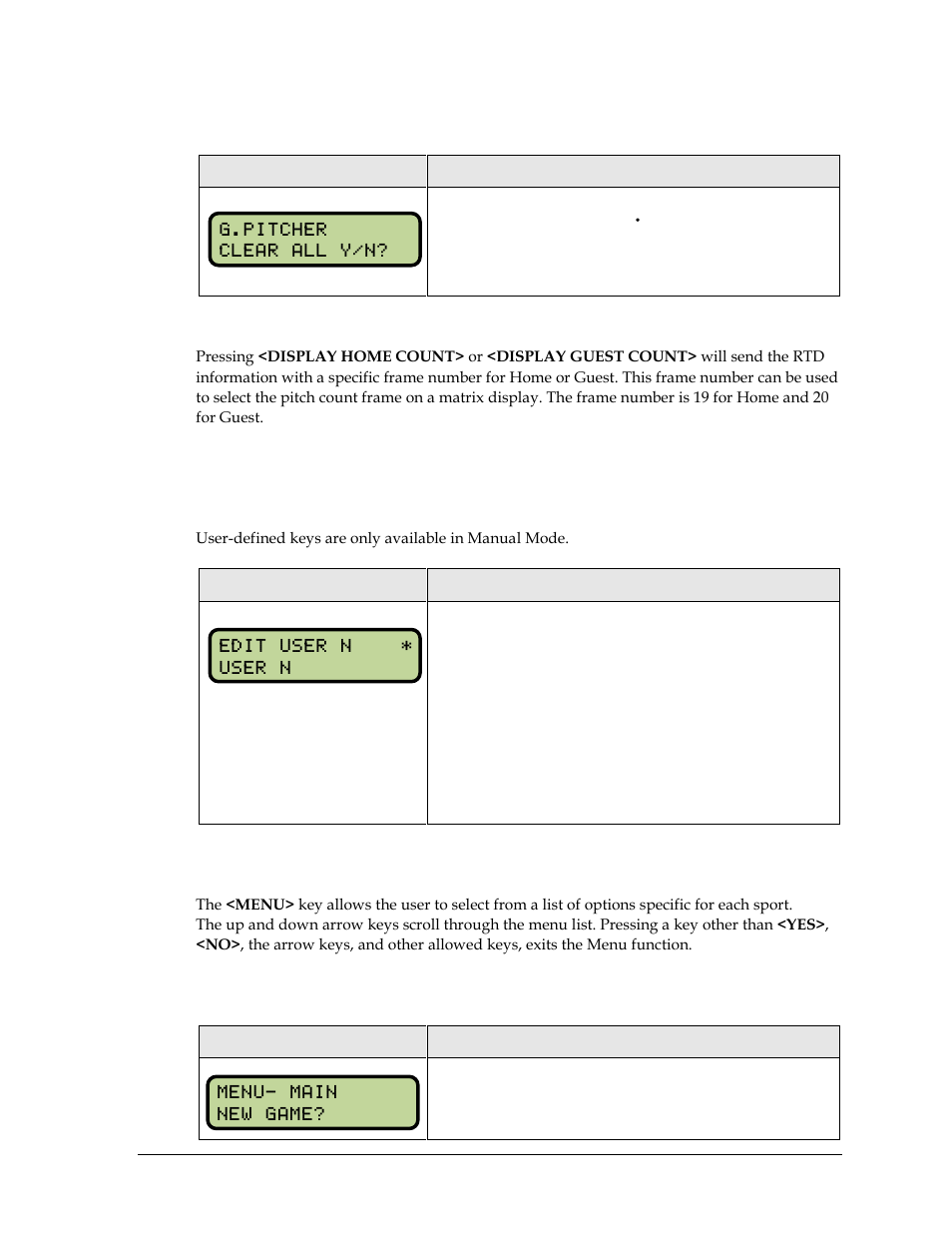 Clear pitch count, Display home/guest count, 3 edit | User-defined keys, 4 menu, New game, Edit, Menu | Daktronics All Sport 5000 Series Operation Manual User Manual | Page 65 / 410