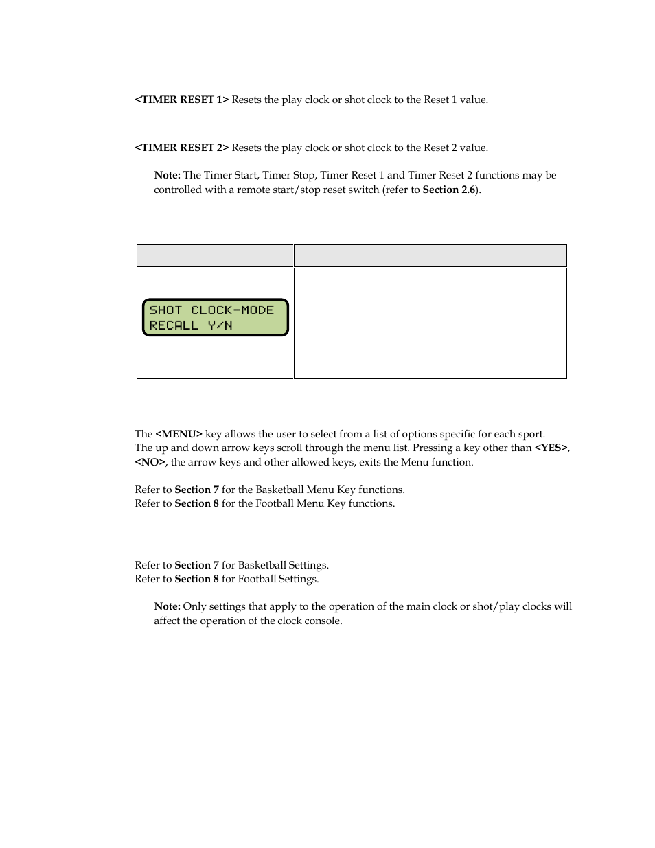Timer reset 1, Timer reset 2, Recall shot time | 3 menu, 4 settings, Menu, Settings | Daktronics All Sport 5000 Series Operation Manual User Manual | Page 73 / 410