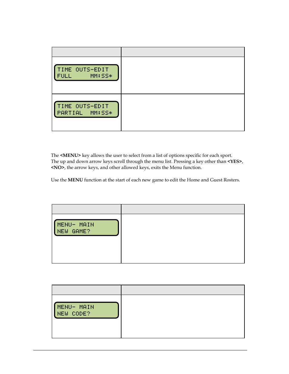 Time out on/off, 3 menu, New game | New code, Menu | Daktronics All Sport 5000 Series Operation Manual User Manual | Page 86 / 410