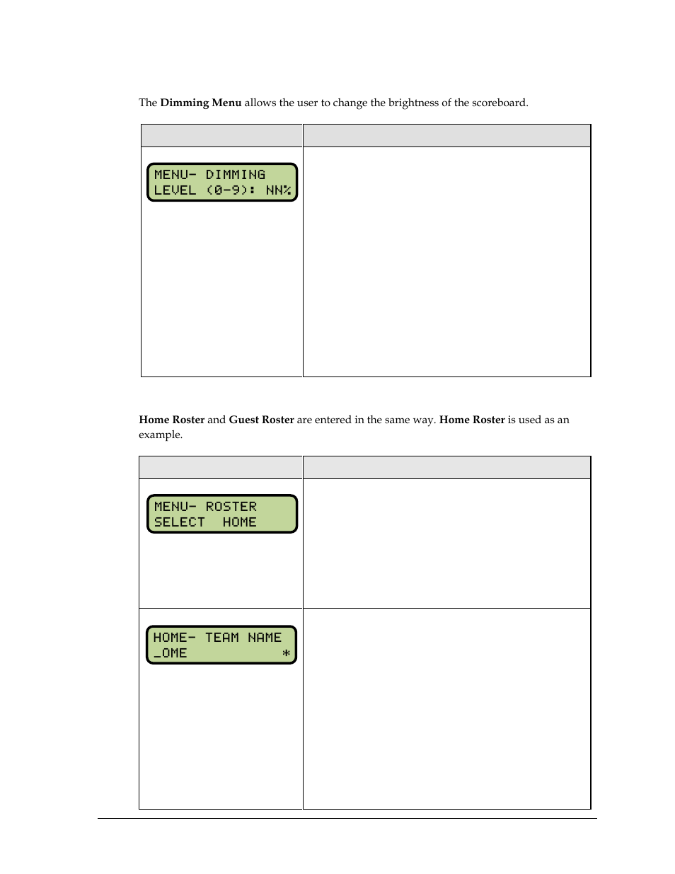 Dimming menu, Home roster, guest roster | Daktronics All Sport 5000 Series Operation Manual User Manual | Page 87 / 410