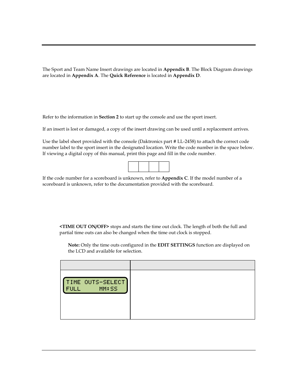 Section 8: football operations, 1 football keys, Time out on/off | Section 8, Football operations, Football keys | Daktronics All Sport 5000 Series Operation Manual User Manual | Page 99 / 410