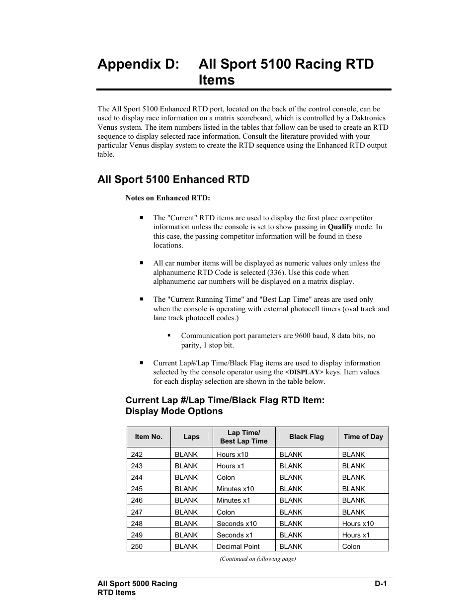 Appendix d: all sport 5100 racing rtd items, All sport 5100 enhanced rtd | Daktronics All Sport 5100 Timer User Manual | Page 121 / 149