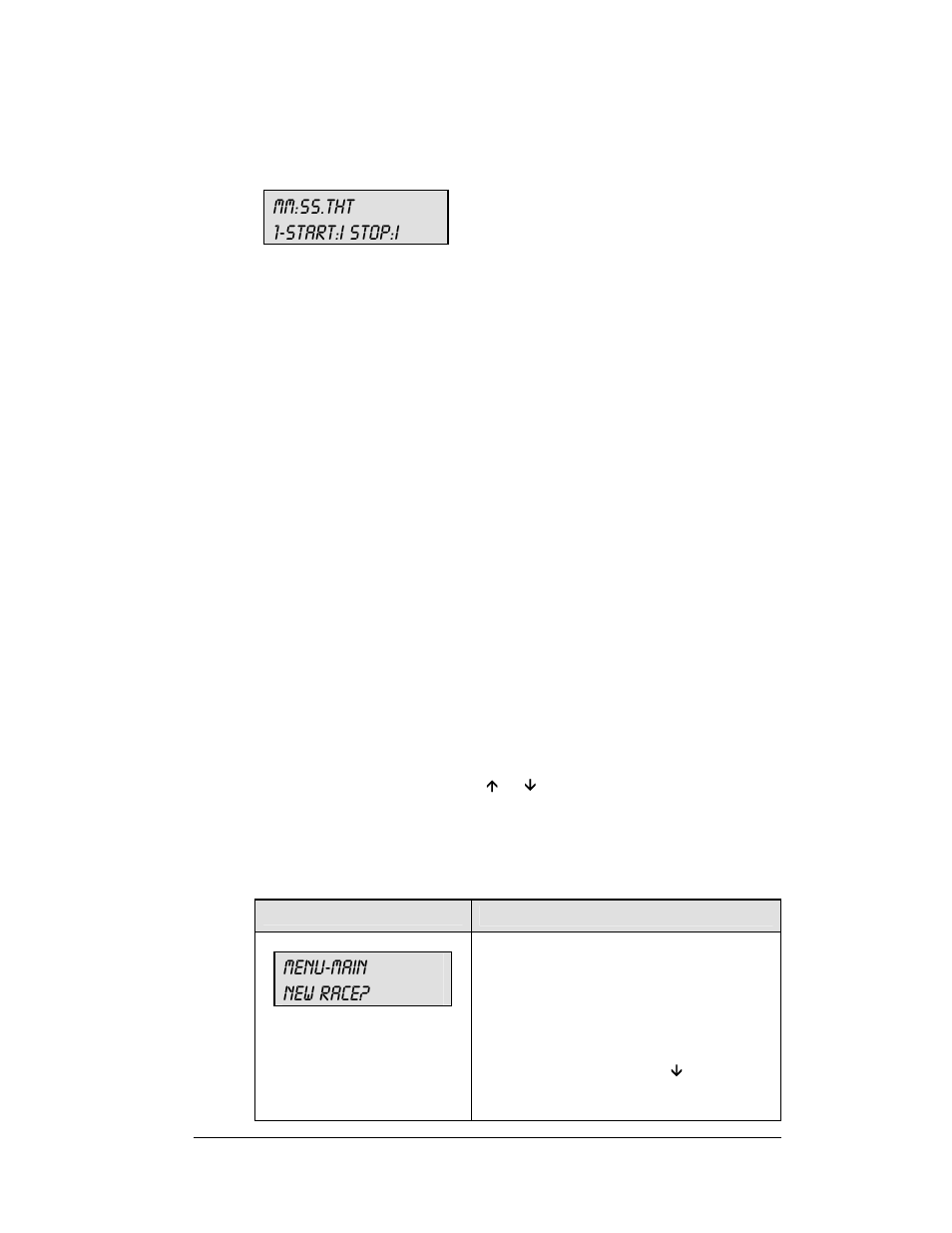 3 lane track timing keys, Mm:ss.tht 1-start:i stop:i, 4 menu | Menu-main new race | Daktronics All Sport 5100 Timer User Manual | Page 41 / 149