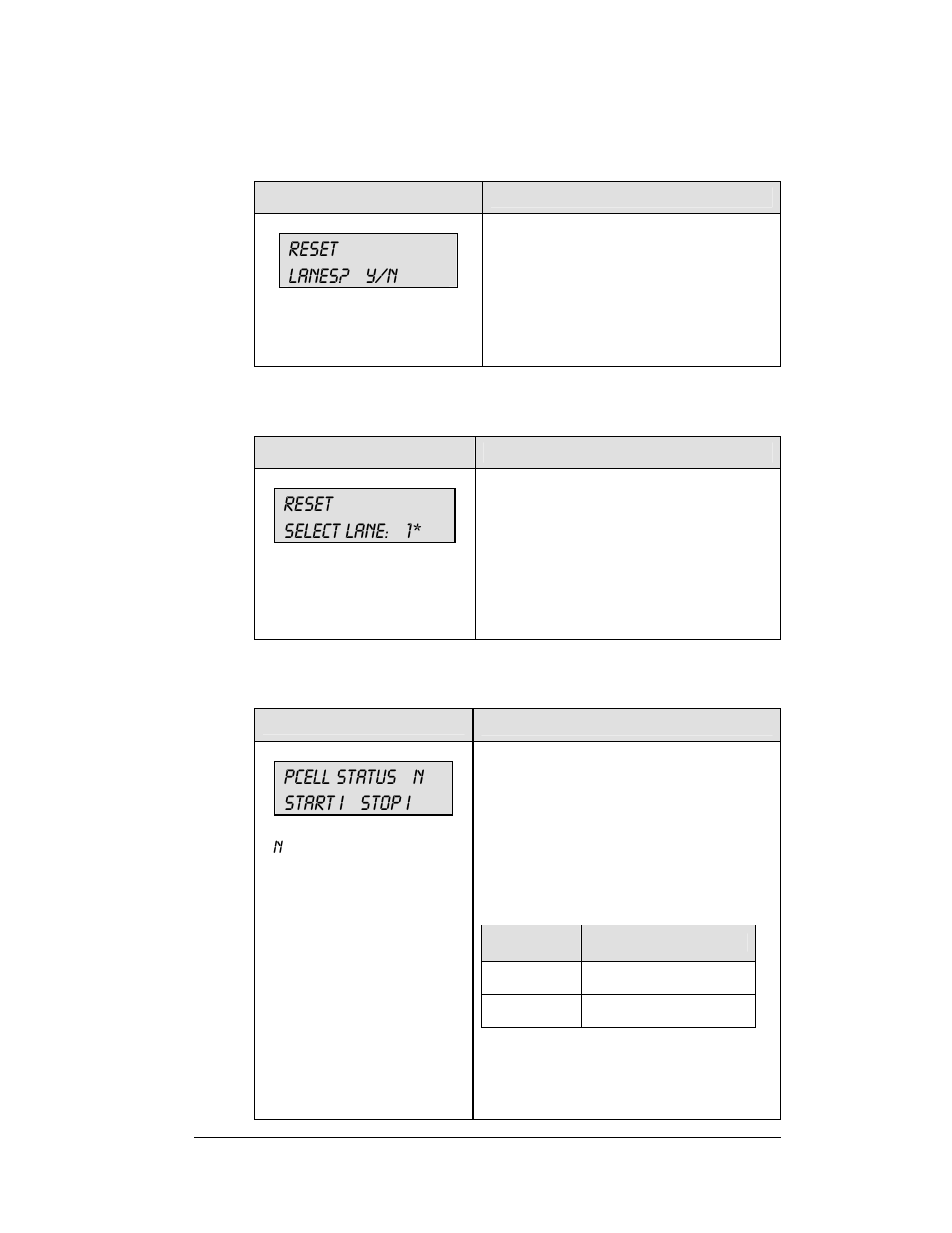 Reset lanes? y/n, Reset select lane: 1, Pcell status n start i stop i | Daktronics All Sport 5100 Timer User Manual | Page 47 / 149