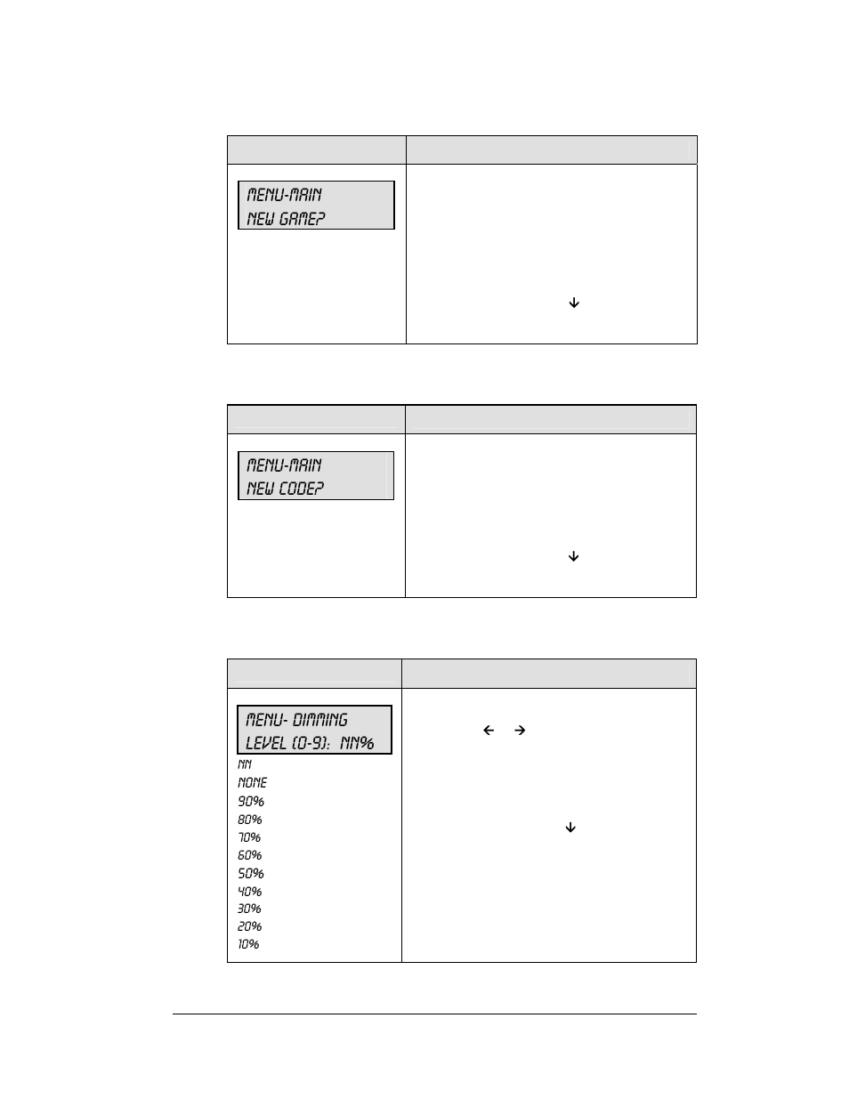 Menu-main new game, Menu-main new code, Menu- dimming level (0-9): nn | Daktronics All Sport 5100 Timer User Manual | Page 59 / 149