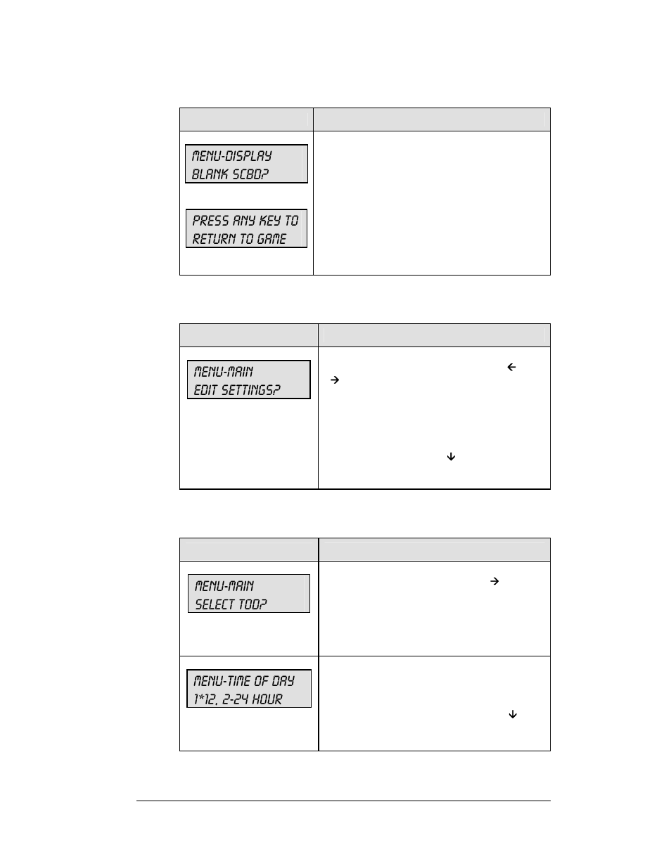 Menu-display blank scbd, Press any key to return to game, Menu-main edit settings | Menu-main select tod | Daktronics All Sport 5100 Timer User Manual | Page 61 / 149