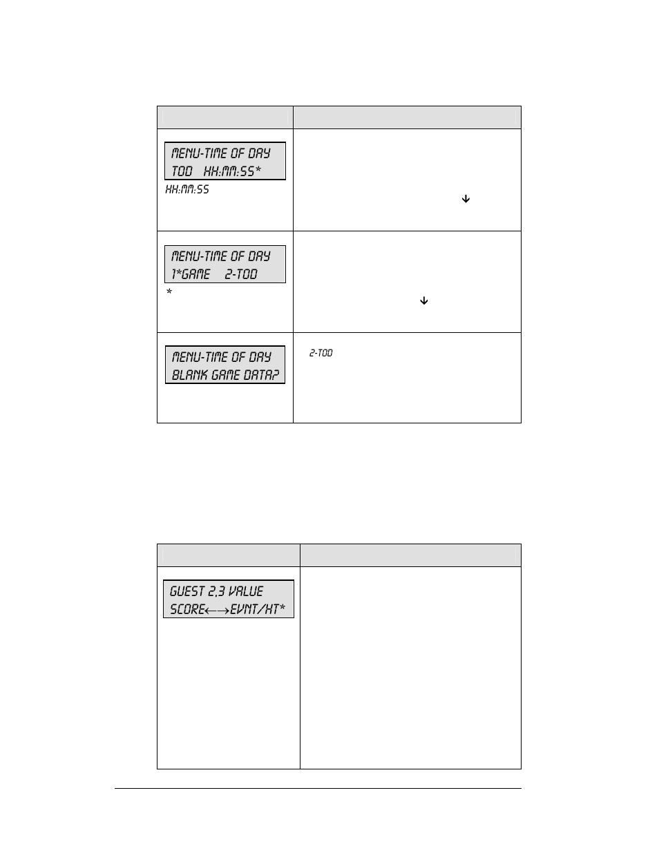 Menu-time of day tod hh:mm:ss, Menu-time of day 1*game 2-tod, Menu-time of day blank game data | 2 settings, Guest 2,3 value score, Evnt/ht | Daktronics All Sport 5100 Timer User Manual | Page 62 / 149