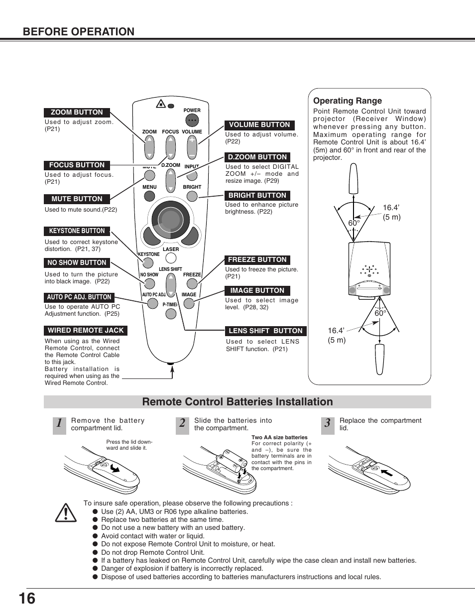 Before operation, Remote control batteries installation, Operating range | Canon LV-7565F User Manual | Page 16 / 56