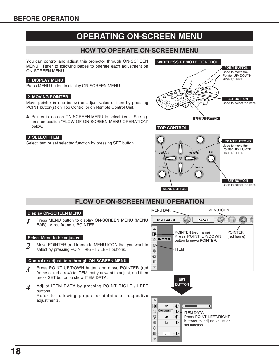 Operating on-screen menu, Before operation how to operate on-screen menu, Flow of on-screen menu operation | Canon LV-7565F User Manual | Page 18 / 56