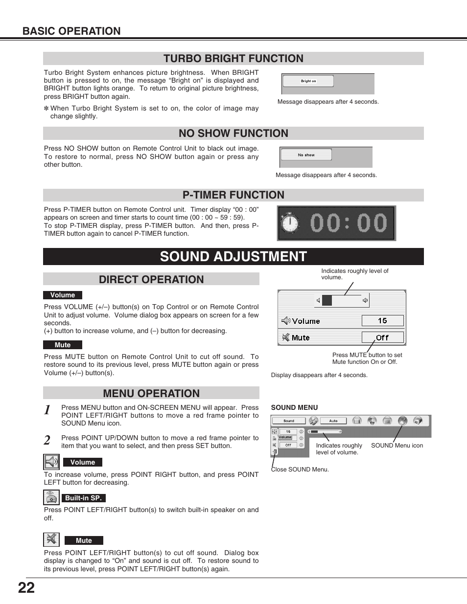 Sound adjustment, Basic operation, No show function | P-timer function, Direct operation menu operation, Turbo bright function | Canon LV-7565F User Manual | Page 22 / 56