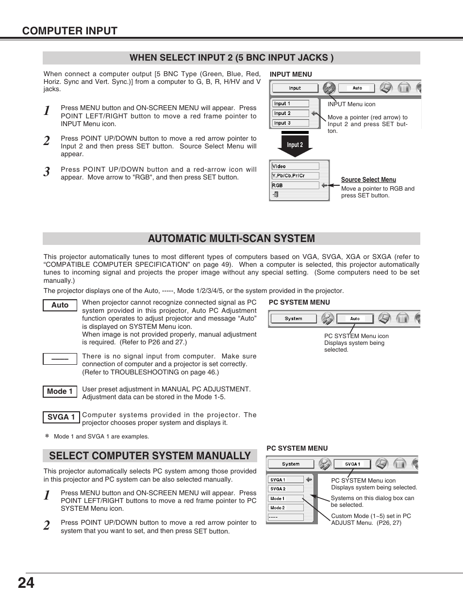 Computer input, Select computer system manually, Automatic multi-scan system | Canon LV-7565F User Manual | Page 24 / 56