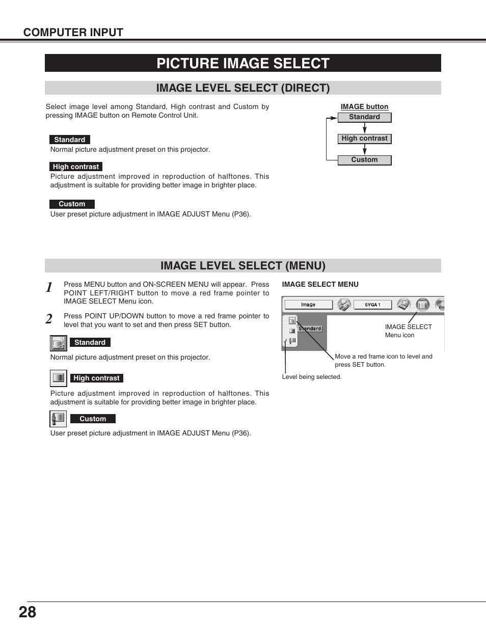 Picture image select, Computer input, Image level select (menu) | Image level select (direct) | Canon LV-7565F User Manual | Page 28 / 56