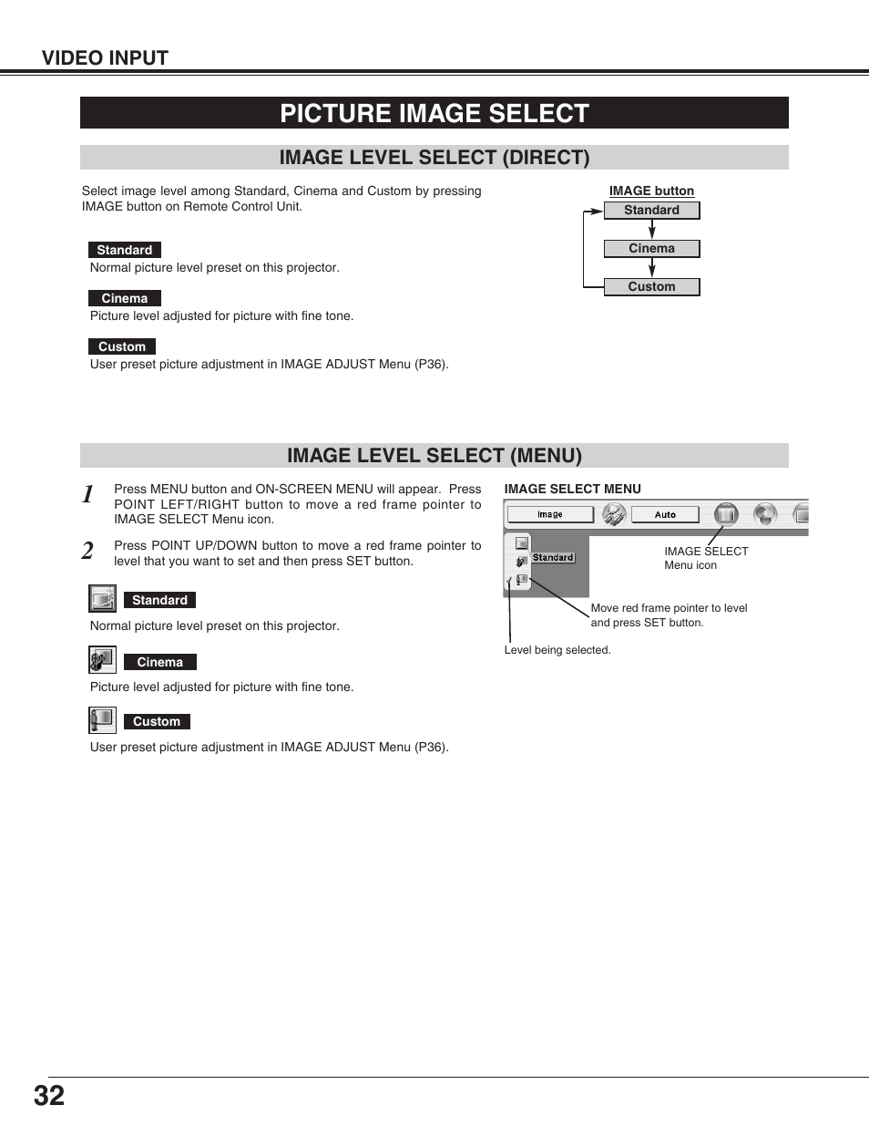 Picture image select, Video input, Image level select (menu) | Image level select (direct) | Canon LV-7565F User Manual | Page 32 / 56