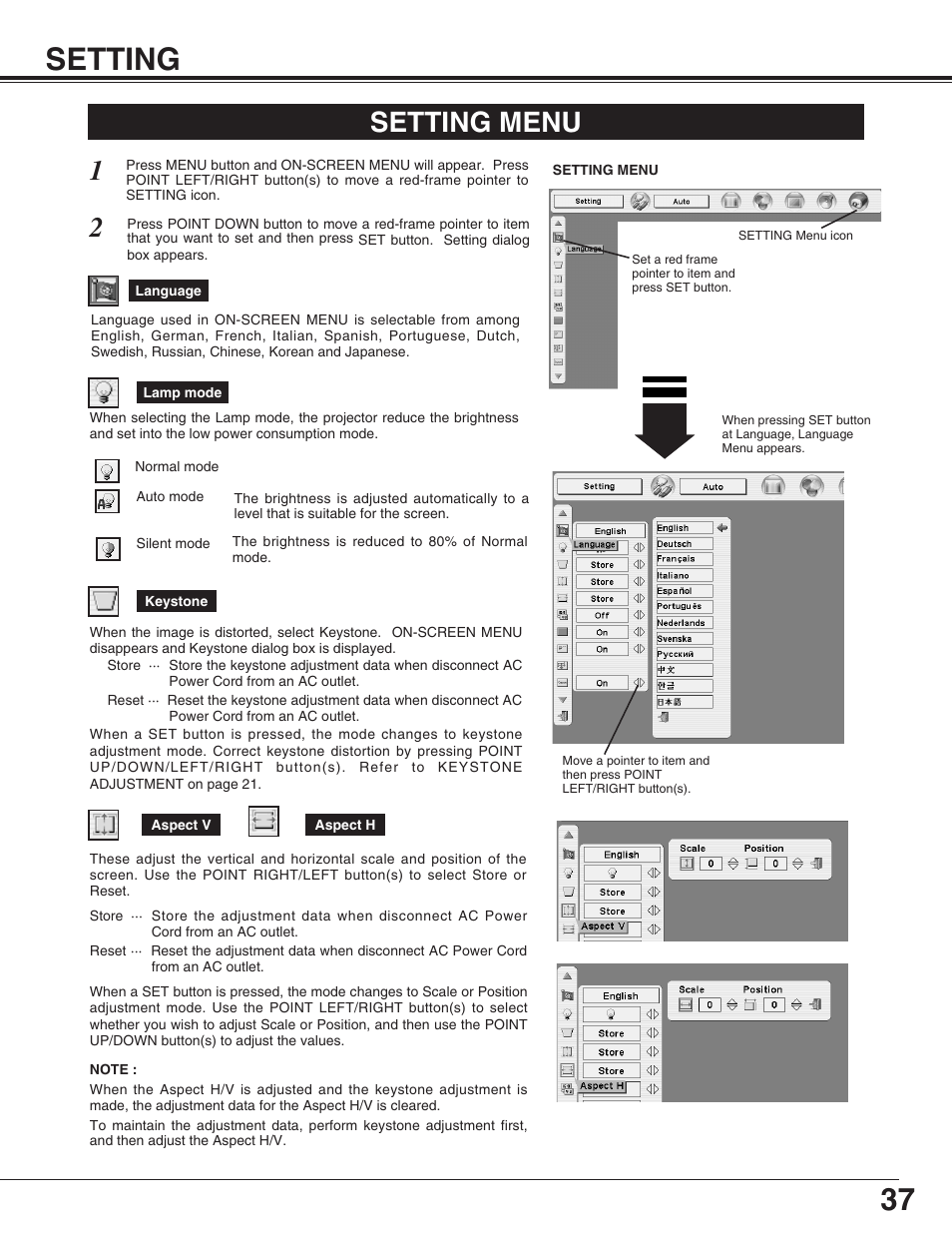 37 setting, Setting menu | Canon LV-7565F User Manual | Page 37 / 56