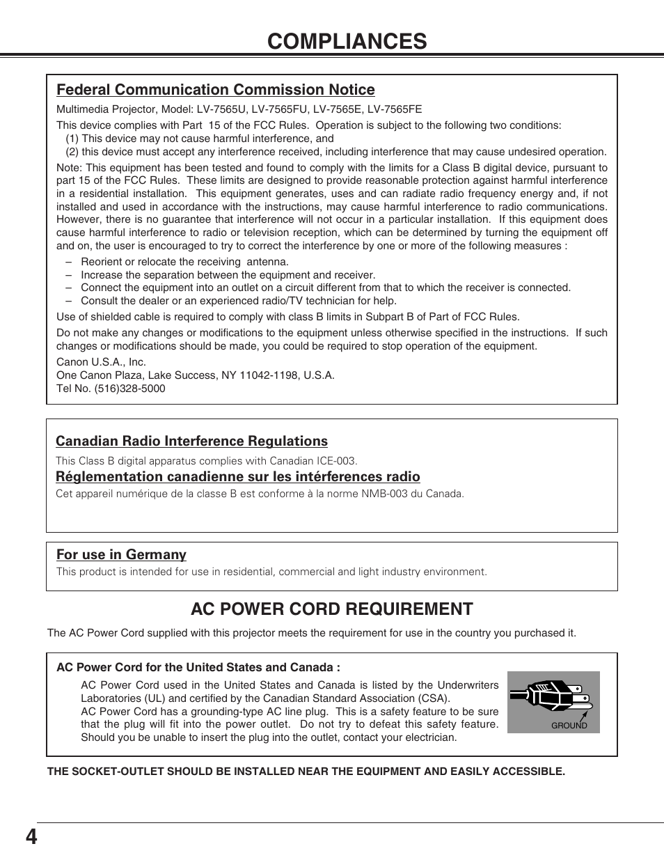 4compliances, Ac power cord requirement | Canon LV-7565F User Manual | Page 4 / 56