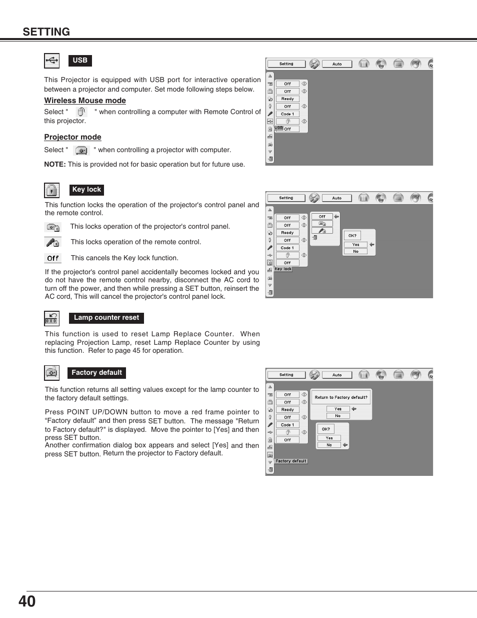 Setting | Canon LV-7565F User Manual | Page 40 / 56