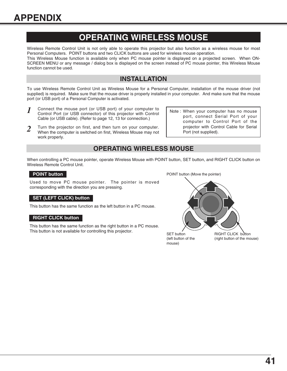 41 appendix, Operating wireless mouse | Canon LV-7565F User Manual | Page 41 / 56