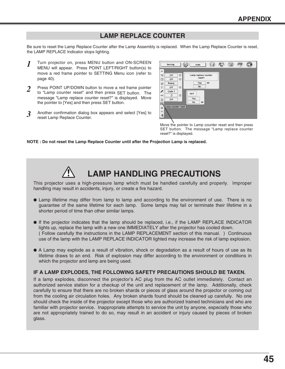 Lamp handling precautions | Canon LV-7565F User Manual | Page 45 / 56