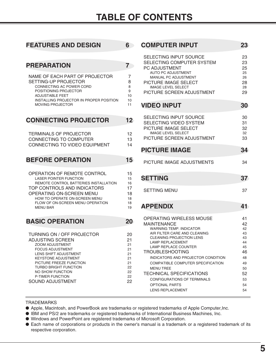 5table of contents, Connecting projector 12, Basic operation 20 | Picture image 34 | Canon LV-7565F User Manual | Page 5 / 56