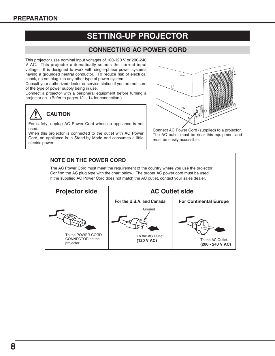 Setting-up projector, Preparation, Connecting ac power cord | Projector side ac outlet side | Canon LV-7565F User Manual | Page 8 / 56