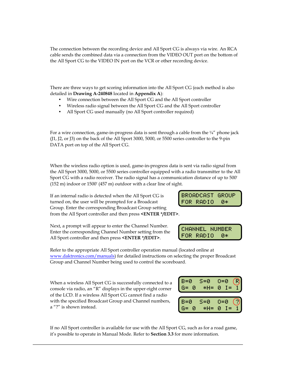 3 recording device connection, 4 all sport controller connection, Wire connection | Wireless radio connection, Radio connection status, No all sport connection, Recording device connection, All sport controller connection | Daktronics All Sport CG User Manual | Page 10 / 44