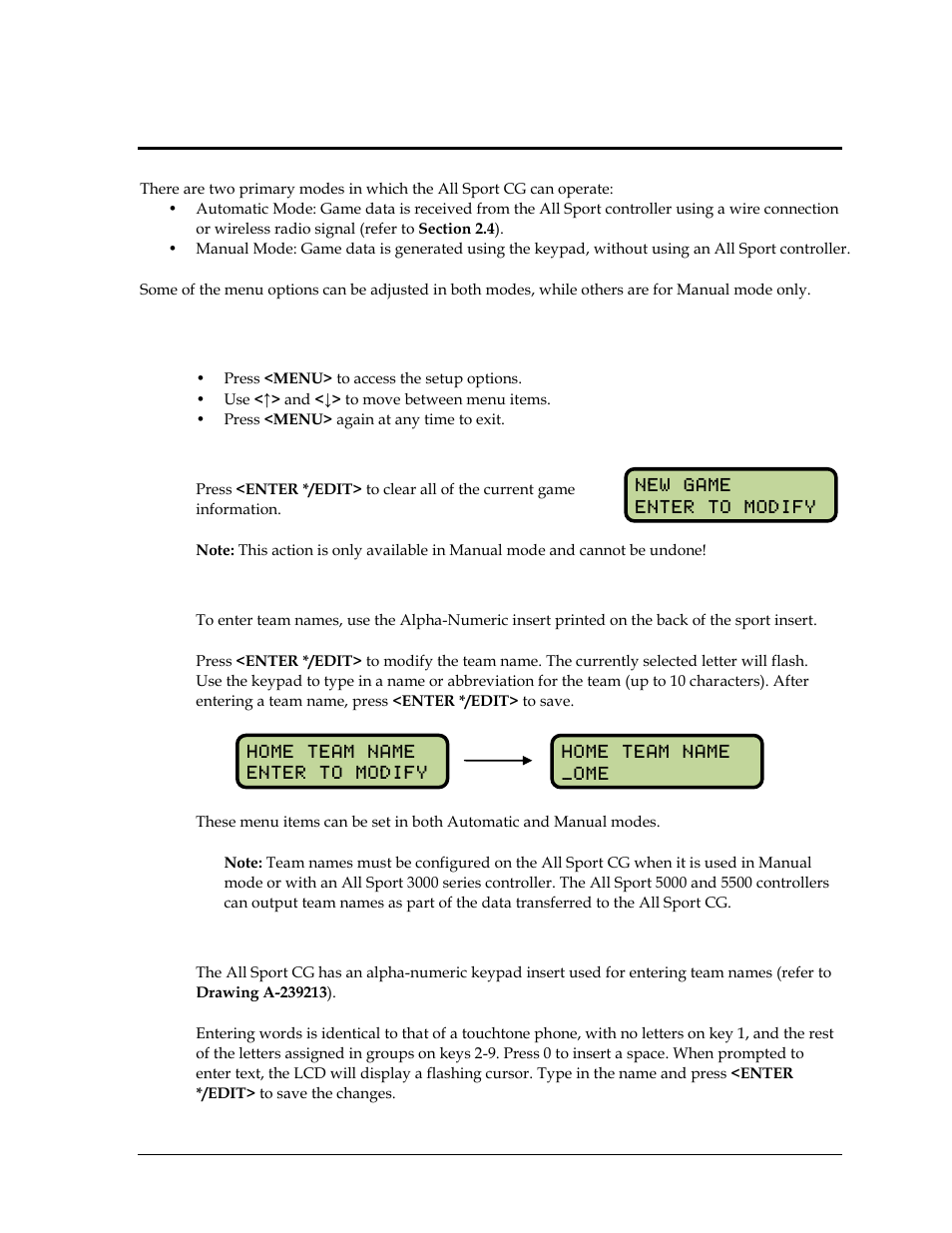 Section 3: operation, 1 menu options, New game | Guest & home team name, Alpha-numeric keypad insert, Section 3, Operation, Menu options | Daktronics All Sport CG User Manual | Page 11 / 44