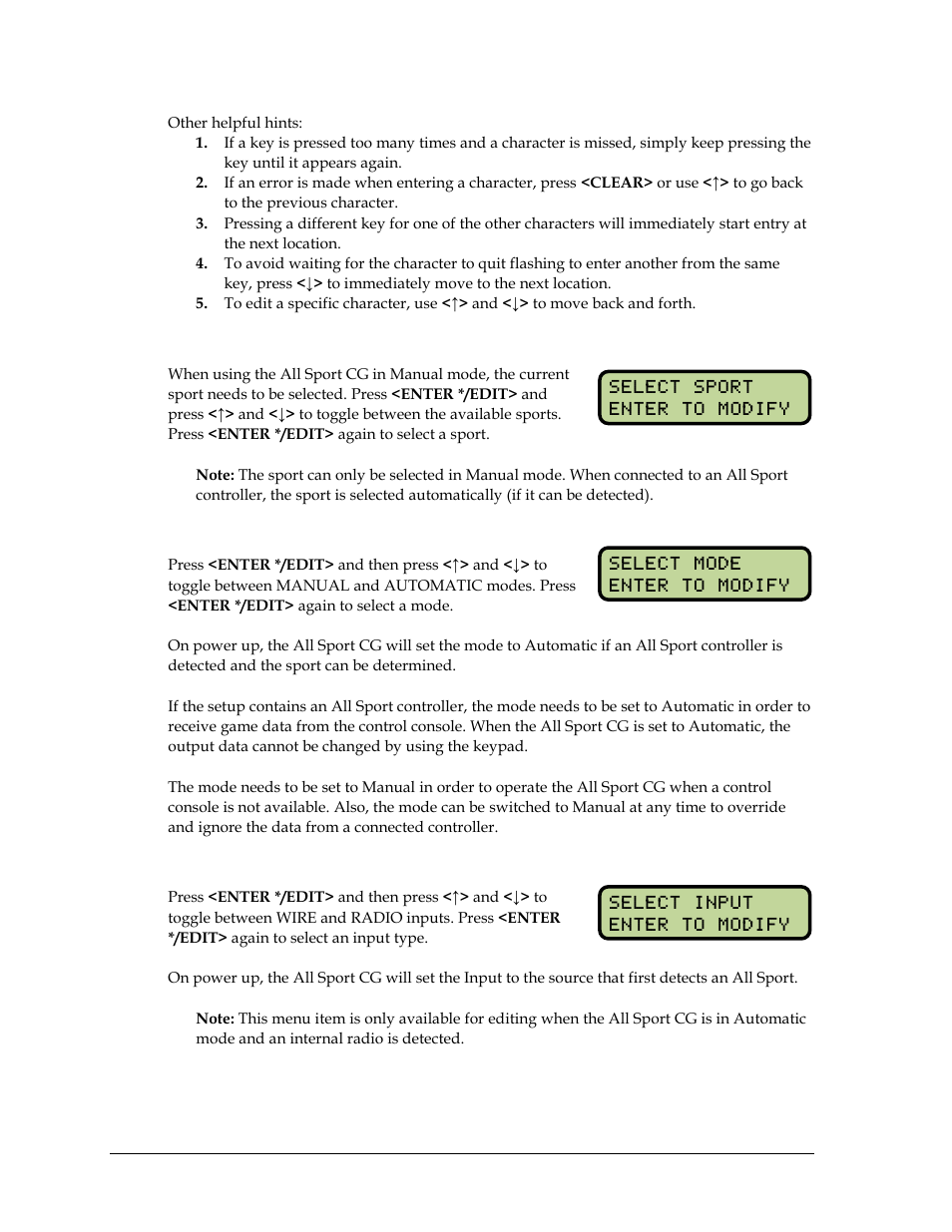 Select sport, Select mode, Select input | Daktronics All Sport CG User Manual | Page 12 / 44