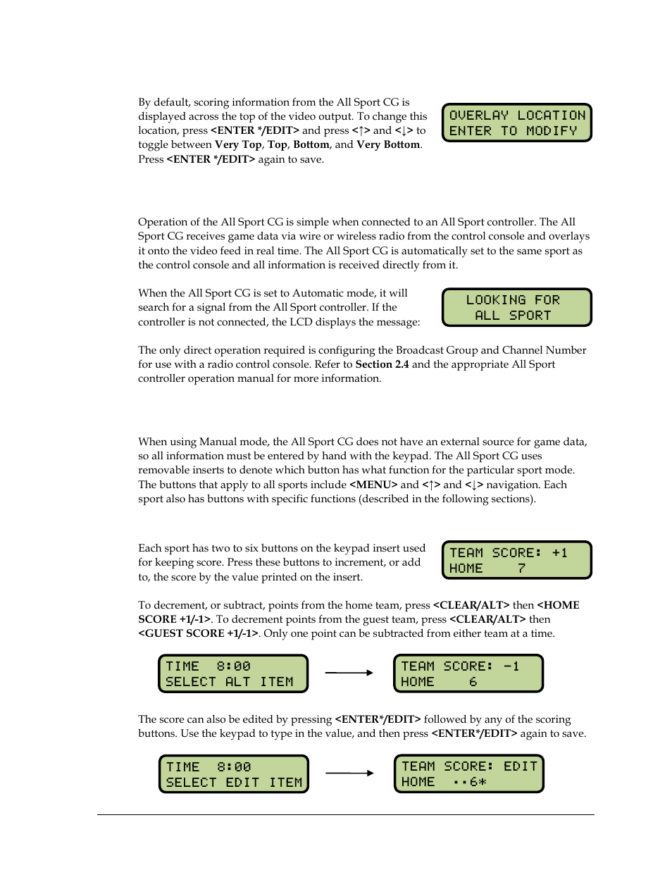Overlay location, 2 automatic mode, 3 manual mode | Scoring, Automatic mode, Manual mode | Daktronics All Sport CG User Manual | Page 13 / 44