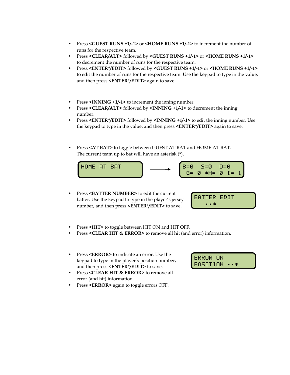 Runs, Inning, At bat | Batter number, Error | Daktronics All Sport CG User Manual | Page 15 / 44