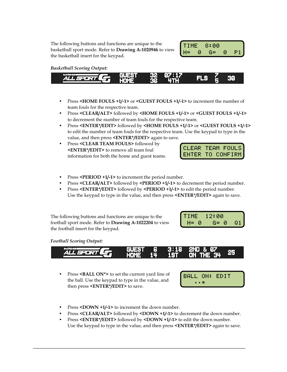 Basketball, Team fouls, Period | Football, Ball on, Down | Daktronics All Sport CG User Manual | Page 16 / 44