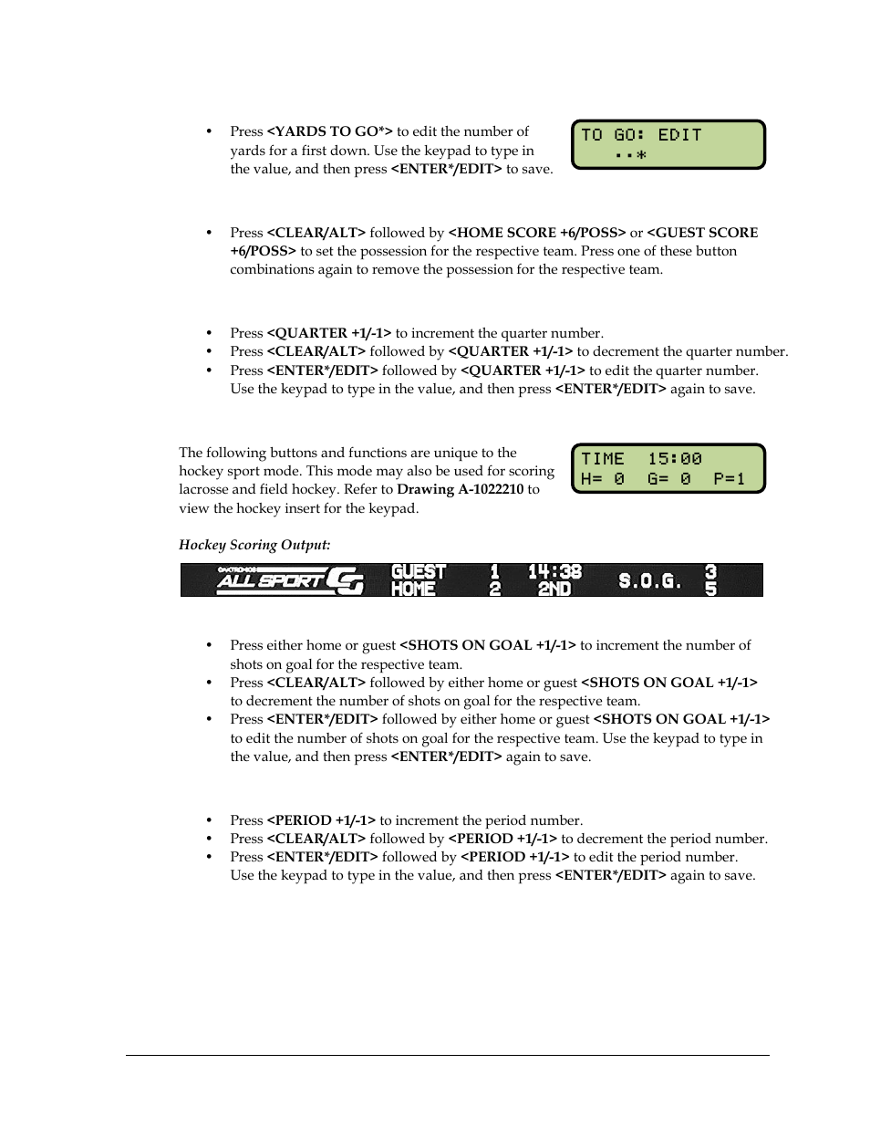 Yards to go, Possession, Quarter | Hockey/lacrosse/field hockey, Shots on goal, Period | Daktronics All Sport CG User Manual | Page 17 / 44